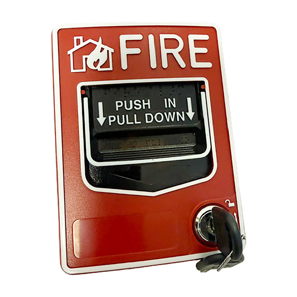 Red fire alarm pull station with key lock and white FIRE lettering