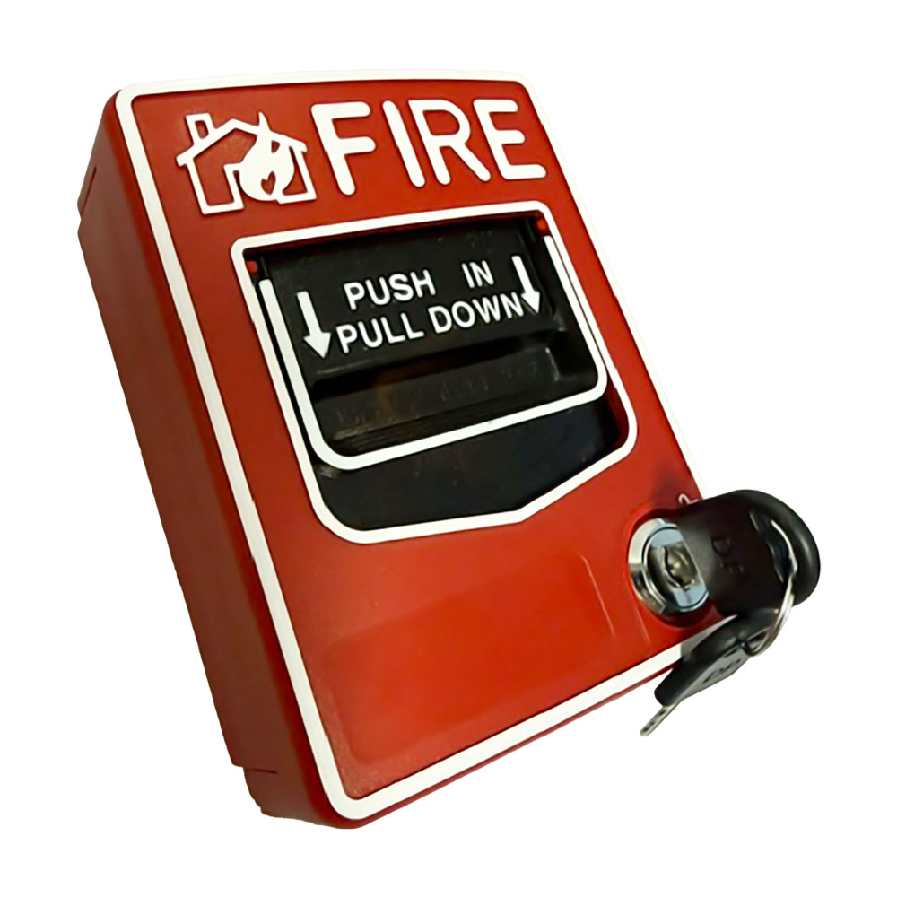 Red fire alarm pull station with key lock and white FIRE lettering