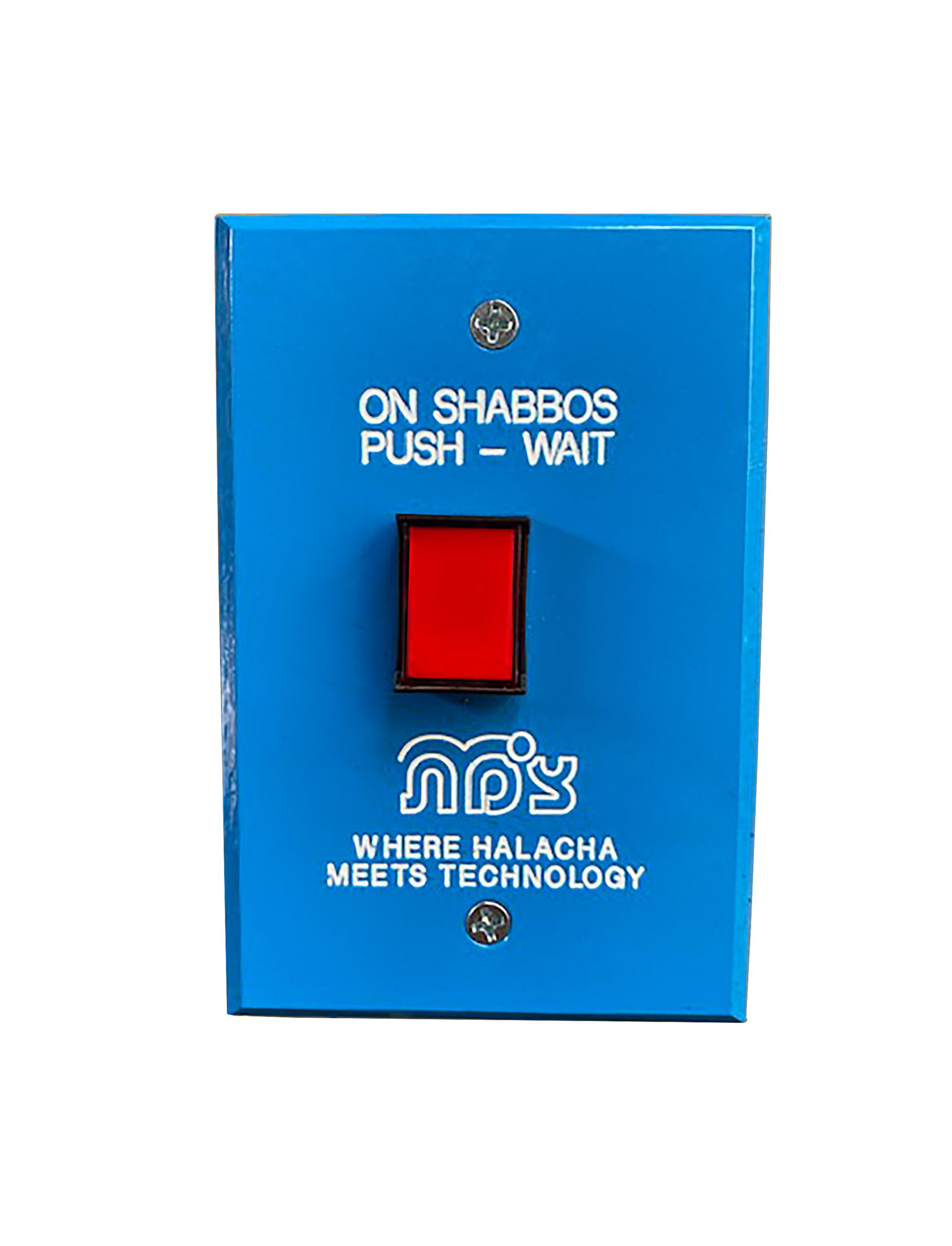 Blue Shabbos switch with red push button and Hebrew text, labeled 'On Shabbos Push – Wait' and 'Where Halacha Meets Technology'