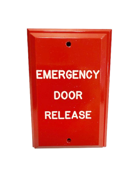 Red wall-mounted emergency door release panel with white uppercase lettering saying 'EMERGENCY DOOR RELEASE