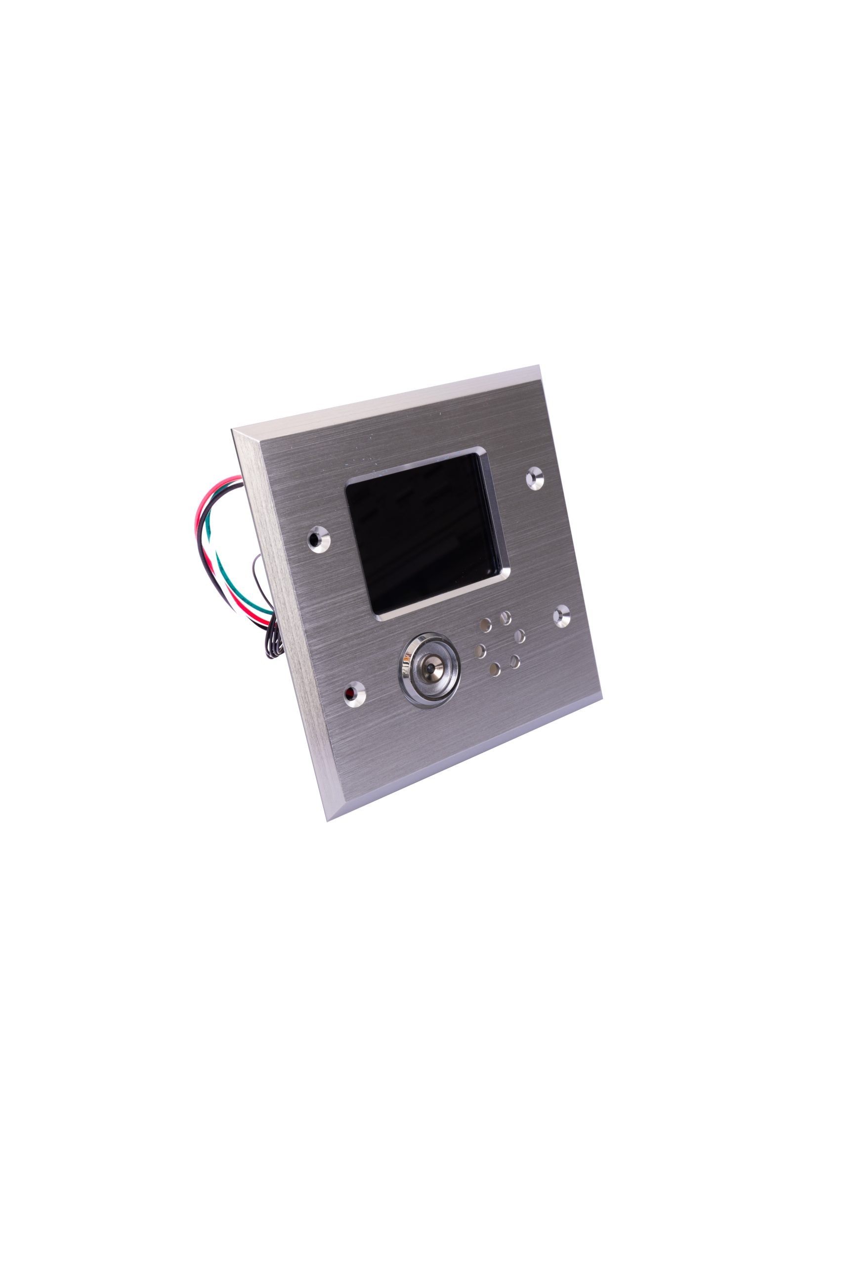 Front angled view of the iDMA9800 door monitoring device with touchscreen and key switch interface